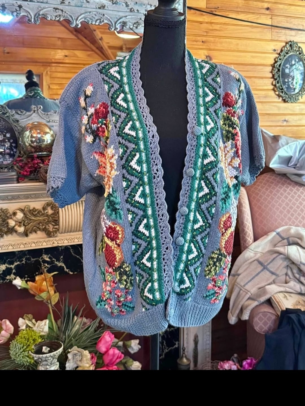 Marisa Christina Blue Embroidered Floral Short-Sleeve Cardigan